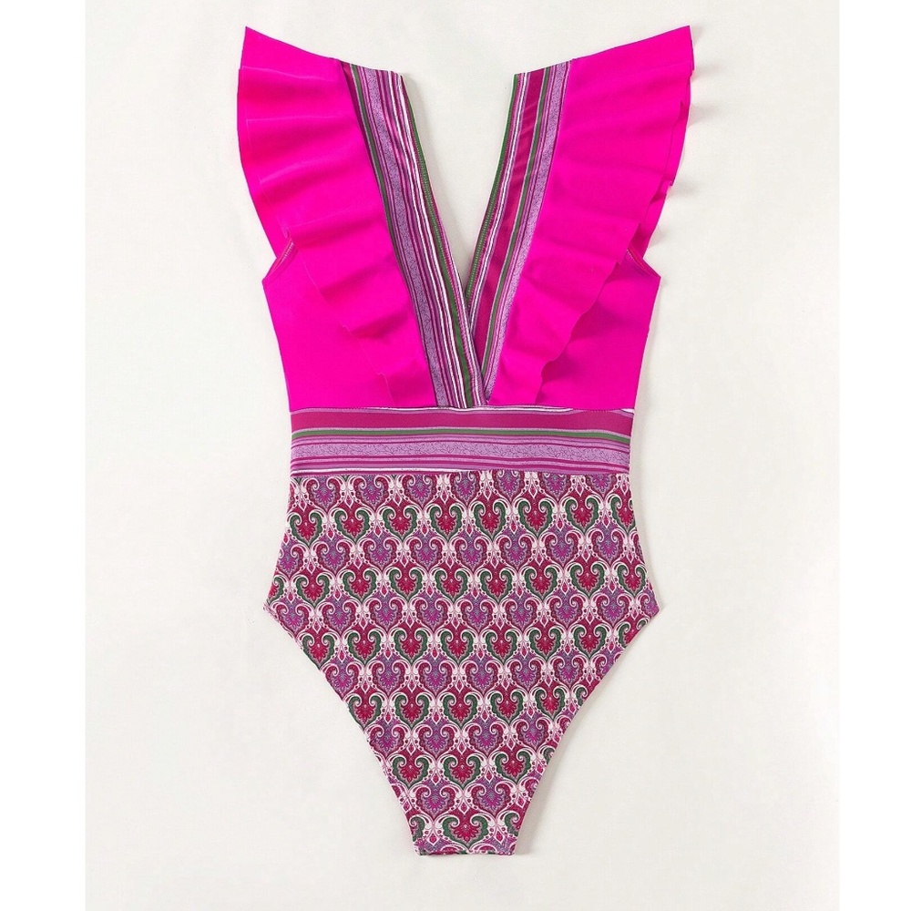 Boho Patchwork Plunging Neck Ruffle Monokini One Piece Swimsuit - Picture 2 of 10